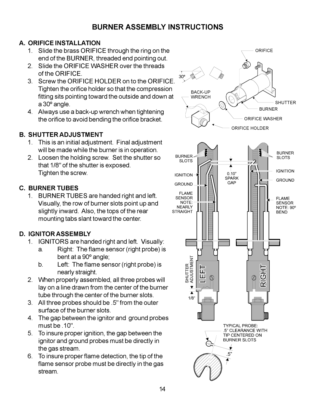 Wells WFGA-60FS Burner Assembly Instructions, Orifice Installation, Shutter Adjustment, Burner Tubes, Ignitor Assembly 