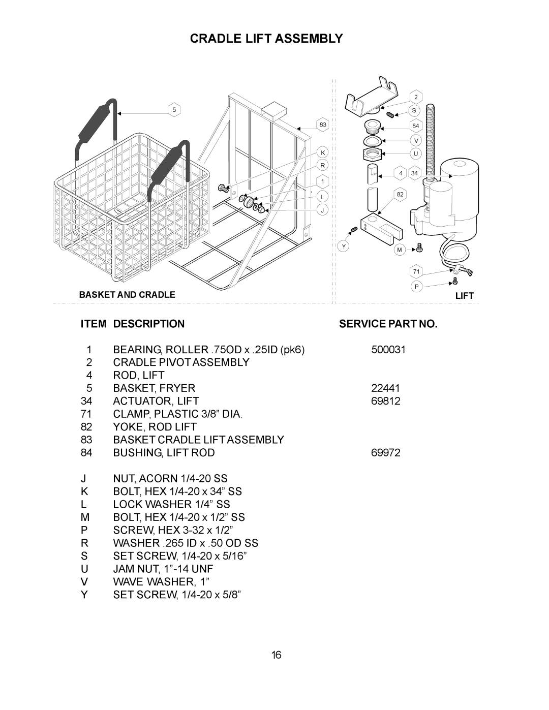 Wells WFGA-60FS Cradle Lift Assembly, Cradle Pivot Assembly ROD, Lift BASKET, Fryer, ACTUATOR, Lift, Lock Washer 1/4 SS 