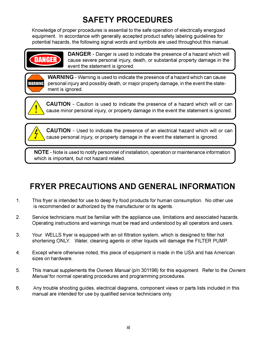 Wells WFGA-60FS service manual Safety Procedures, Fryer Precautions and General Information 