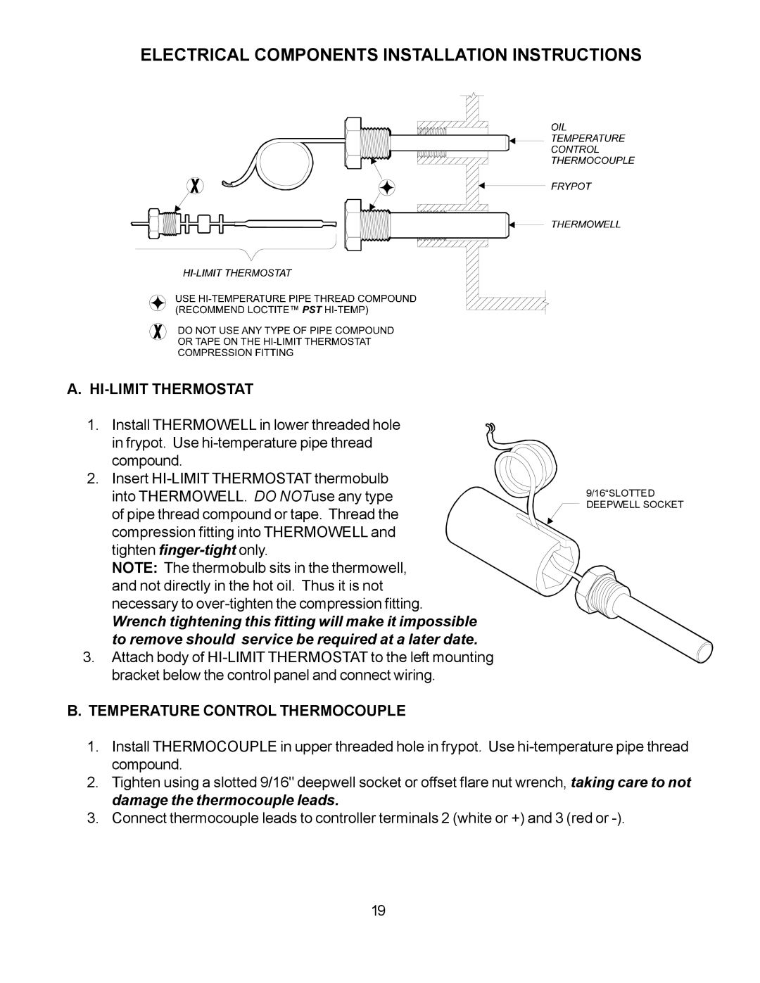 Wells WFGA-60FS Electrical Components Installation Instructions, HI-LIMIT Thermostat, Temperature Control Thermocouple 