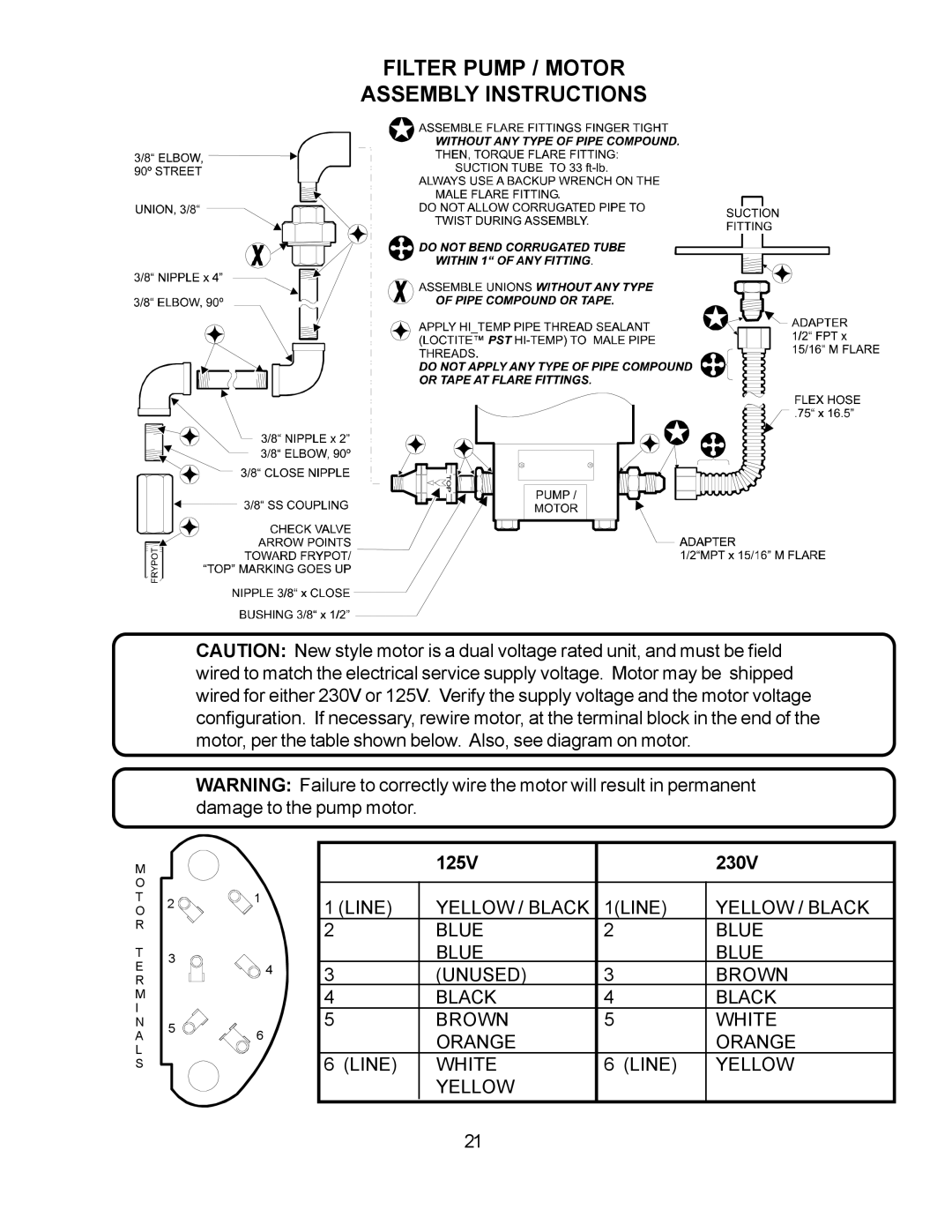 Wells WFGA-60FS Filter Pump / Motor Assembly Instructions, Yellow / Black 1LINE Blue Unused Brown White Orange Line 