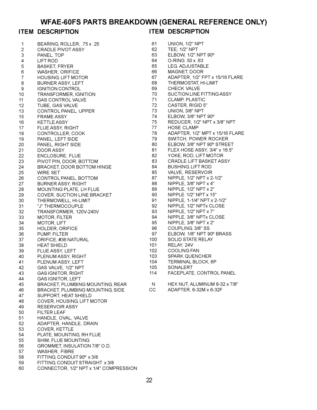 Wells WFGA-60FS service manual WFAE-60FS Parts Breakdown General Reference only 