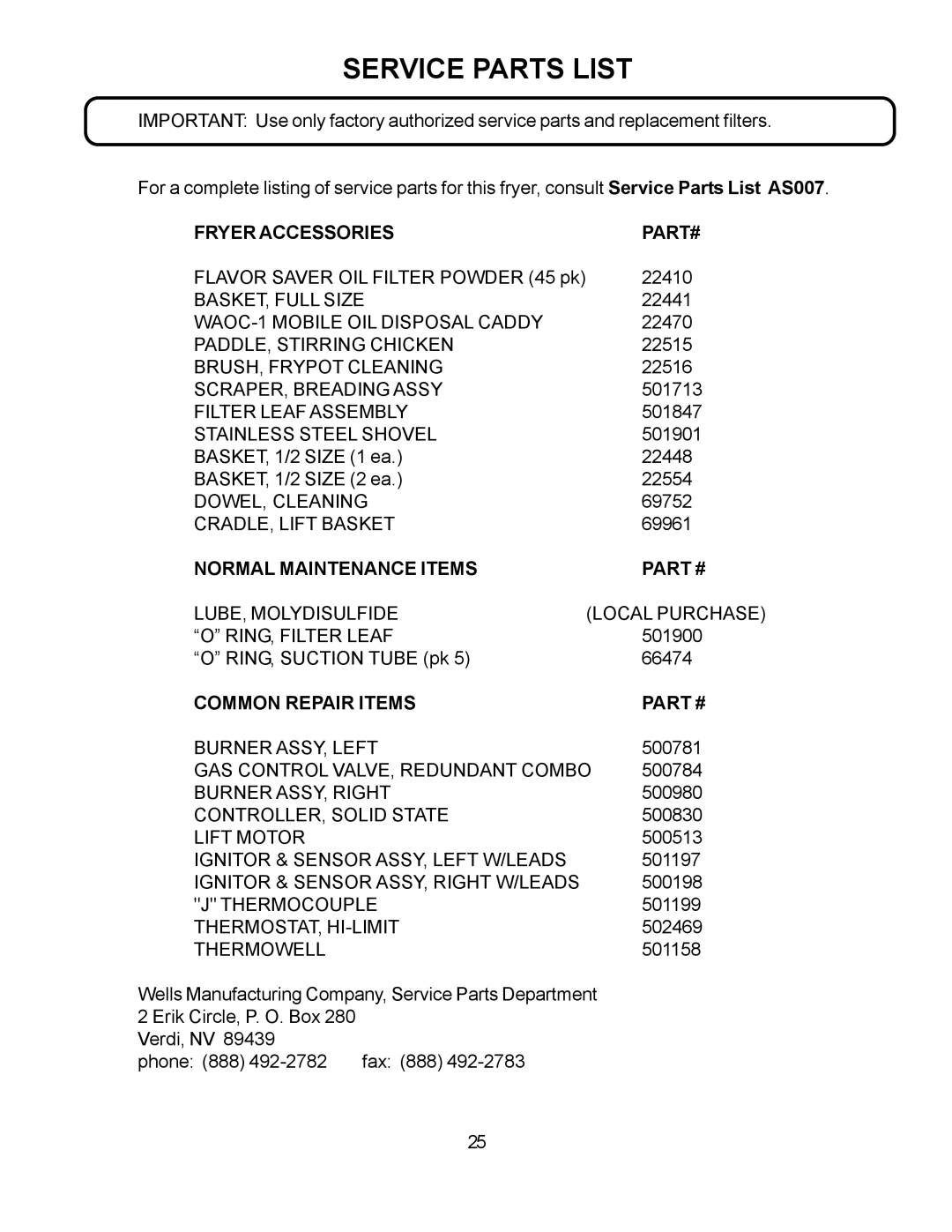 Wells WFGA-60FS service manual Service Parts List, Fryer Accessories PART#, Normal Maintenance Items, Common Repair Items 