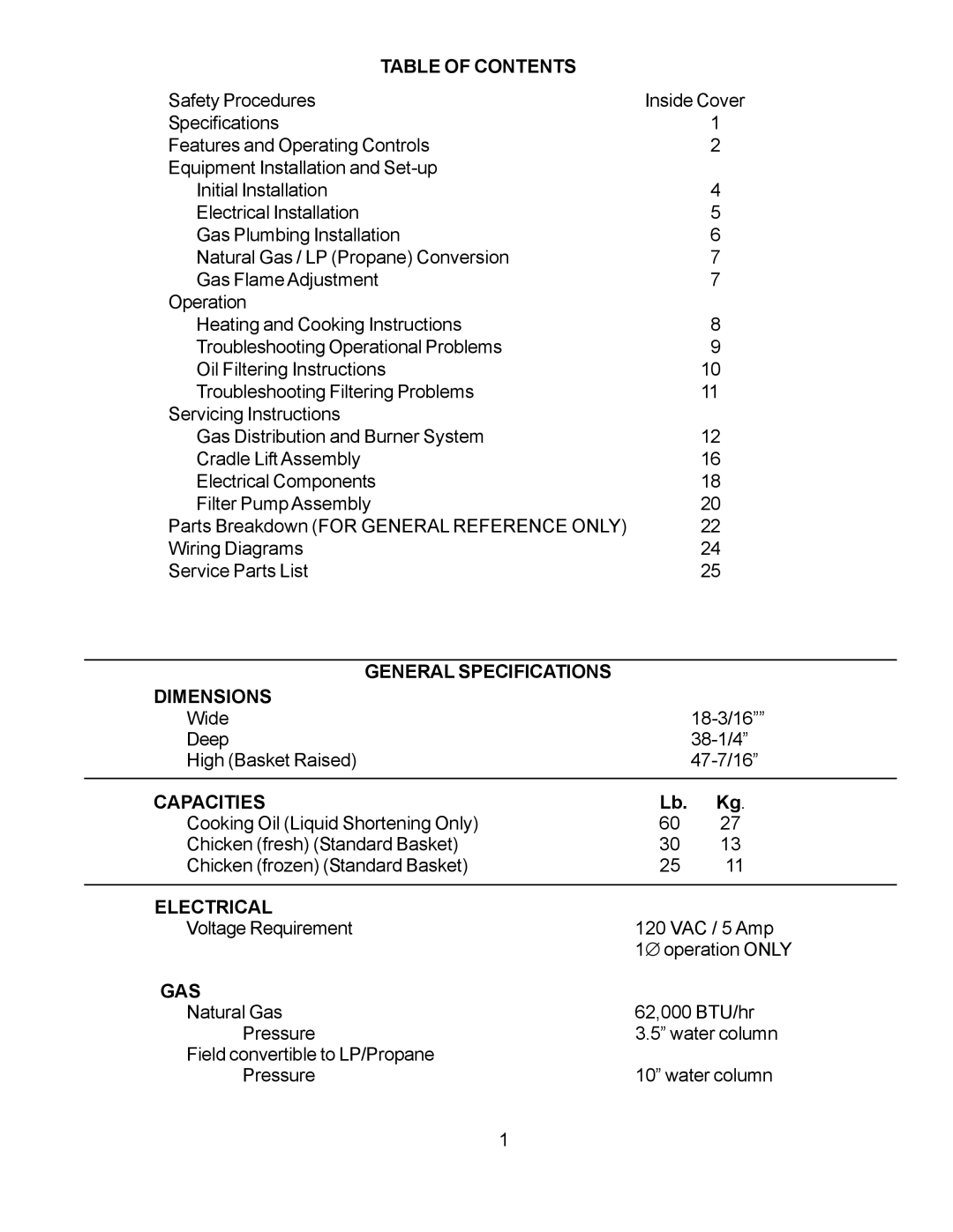 Wells WFGA-60FS service manual Table of Contents, General Specifications Dimensions, Capacities, Electrical, Gas 