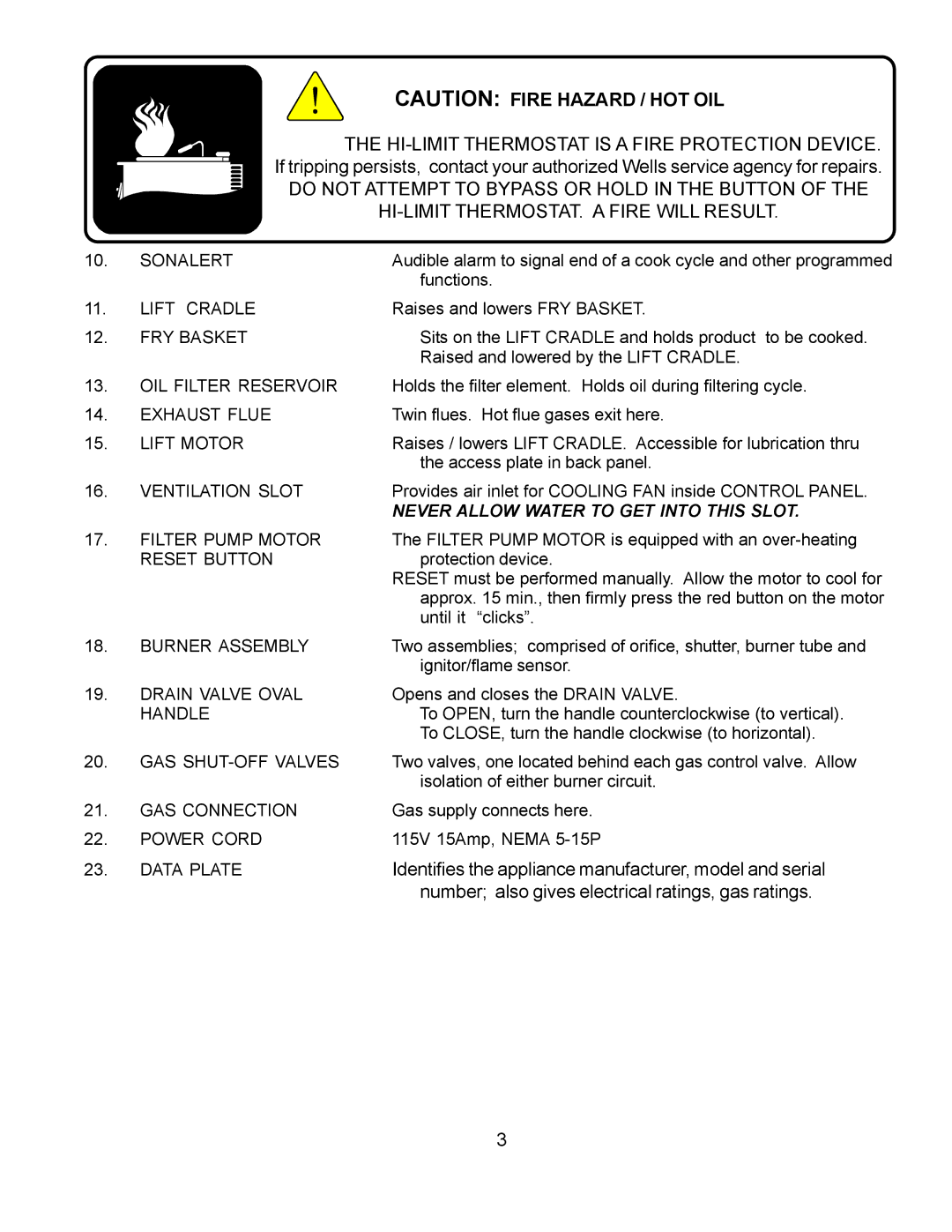 Wells WFGA-60FS service manual Identifies the appliance manufacturer, model and serial 