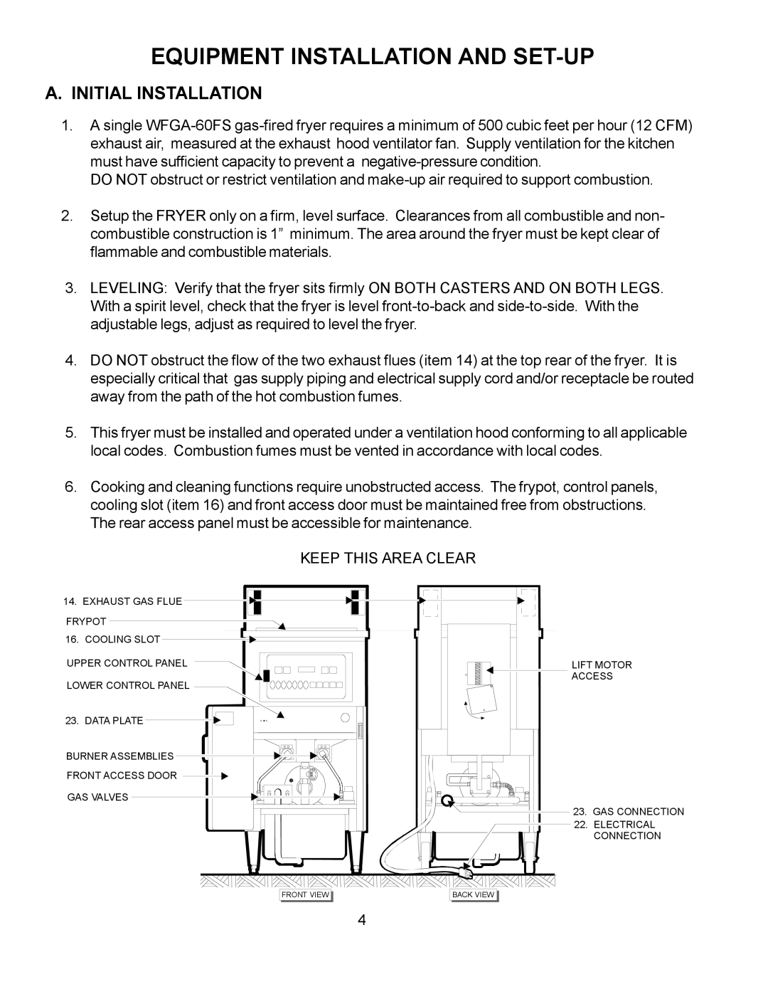 Wells WFGA-60FS service manual Equipment Installation and SET-UP, Initial Installation, Keep this Area Clear 