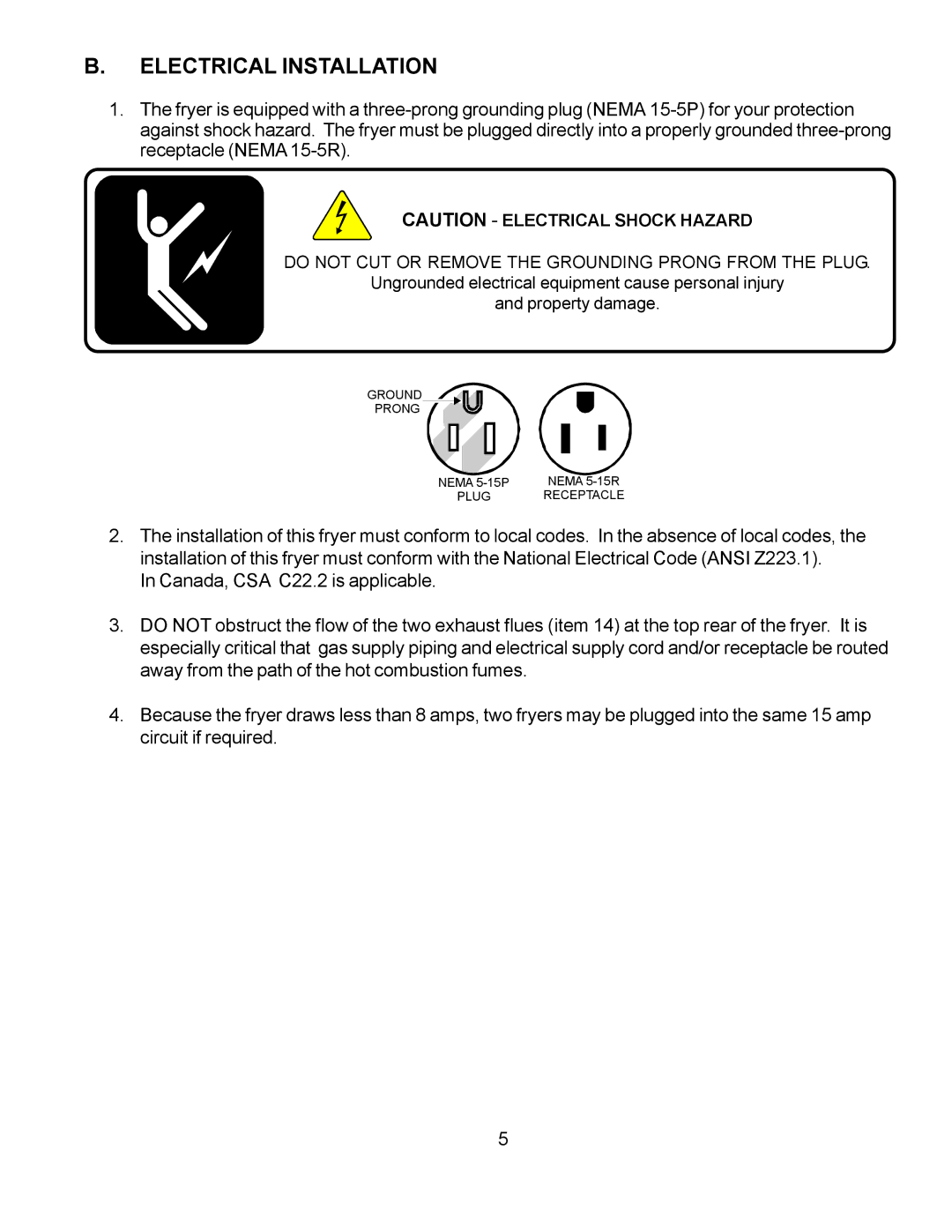 Wells WFGA-60FS service manual Electrical Installation, Do not CUT or Remove the Grounding Prong from the Plug 