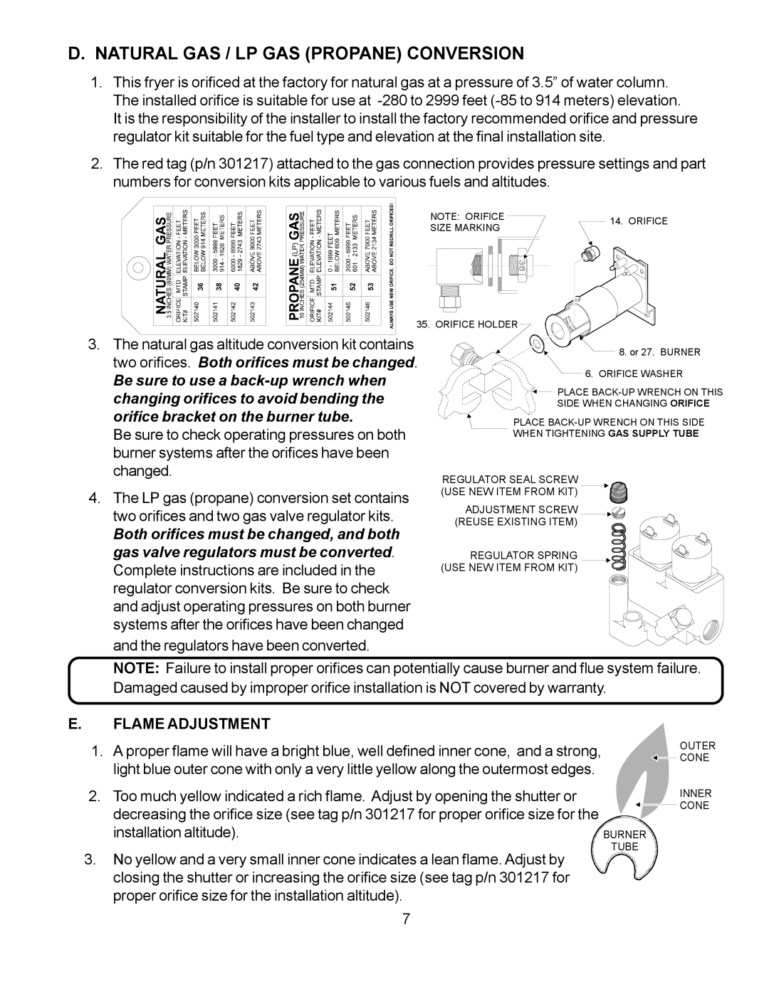 Wells WFGA-60FS service manual Natural GAS / LP GAS Propane Conversion, Flame Adjustment 