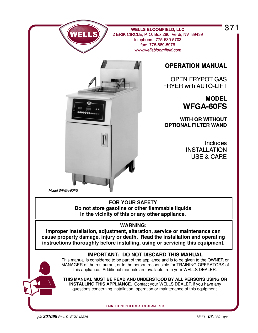 Wells WFGA-60FS operation manual With Or Without Optional Filter Wand, Important Do Not Discard This Manual, Model 
