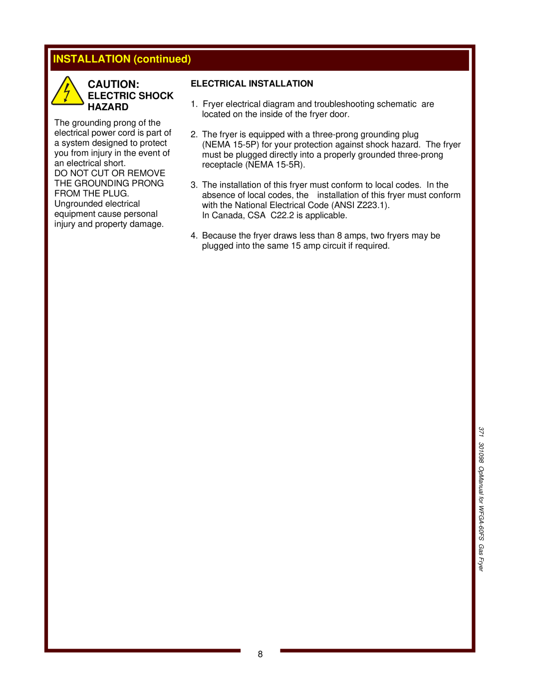 Wells WFGA-60FS operation manual Electric Shock Hazard, Electrical Installation 