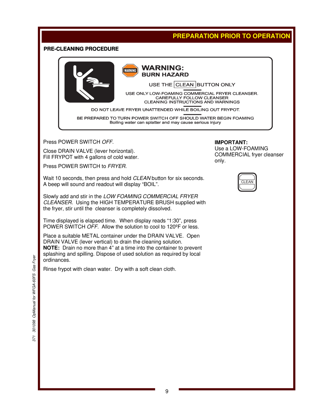 Wells WFGA-60FS operation manual Pre-Cleaning Procedure, Burn Hazard, Warning Warning 