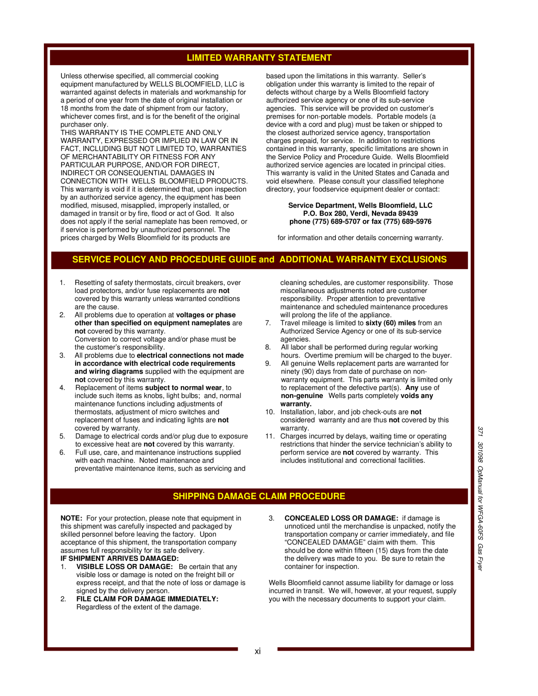 Wells operation manual 371 301098 OpManual for WFGA-60FS Gas Fryer 