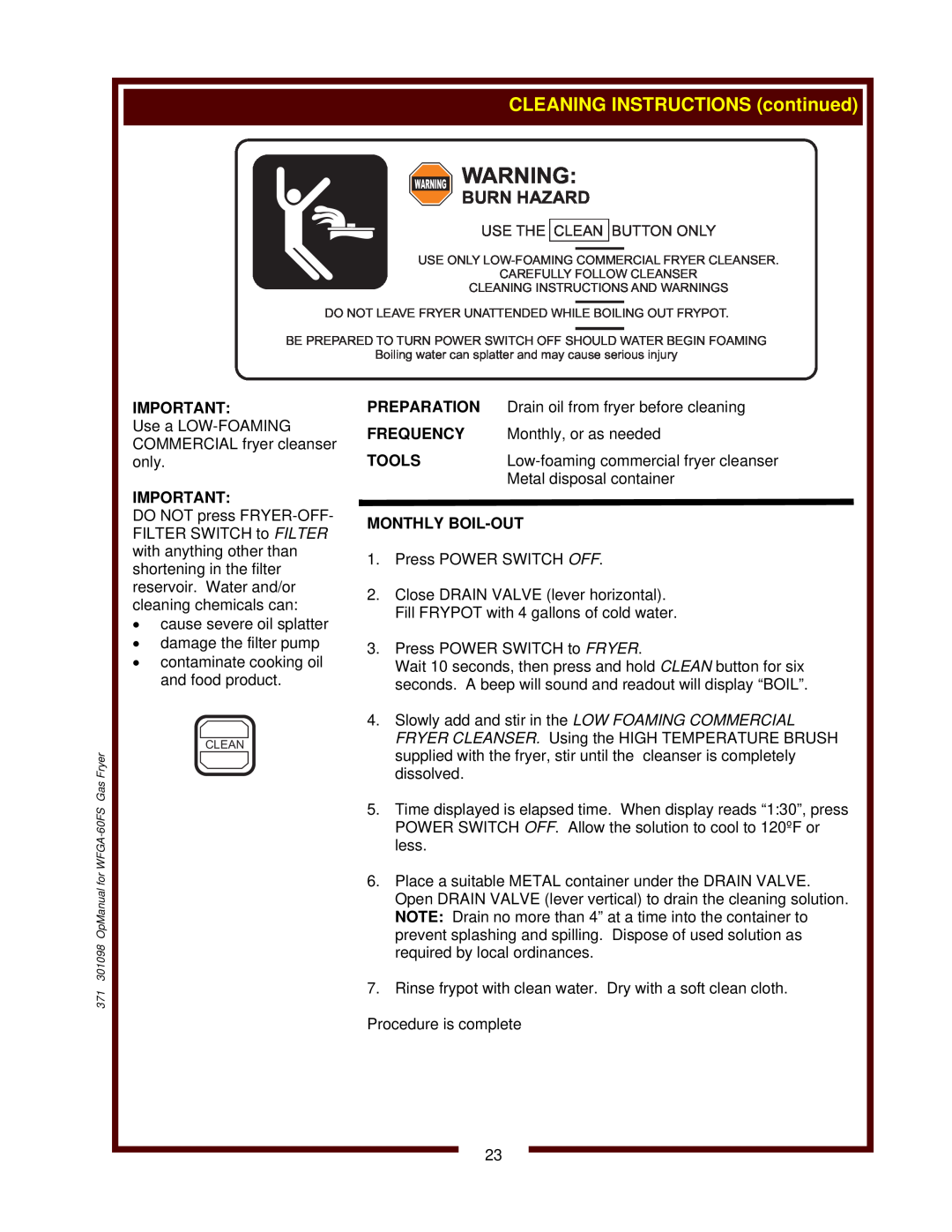 Wells WFGA-60FS CLEANING INSTRUCTIONS continued, Burn Hazard, Use The Clean Button Only, Monthly Boil-Out, Warning Warning 