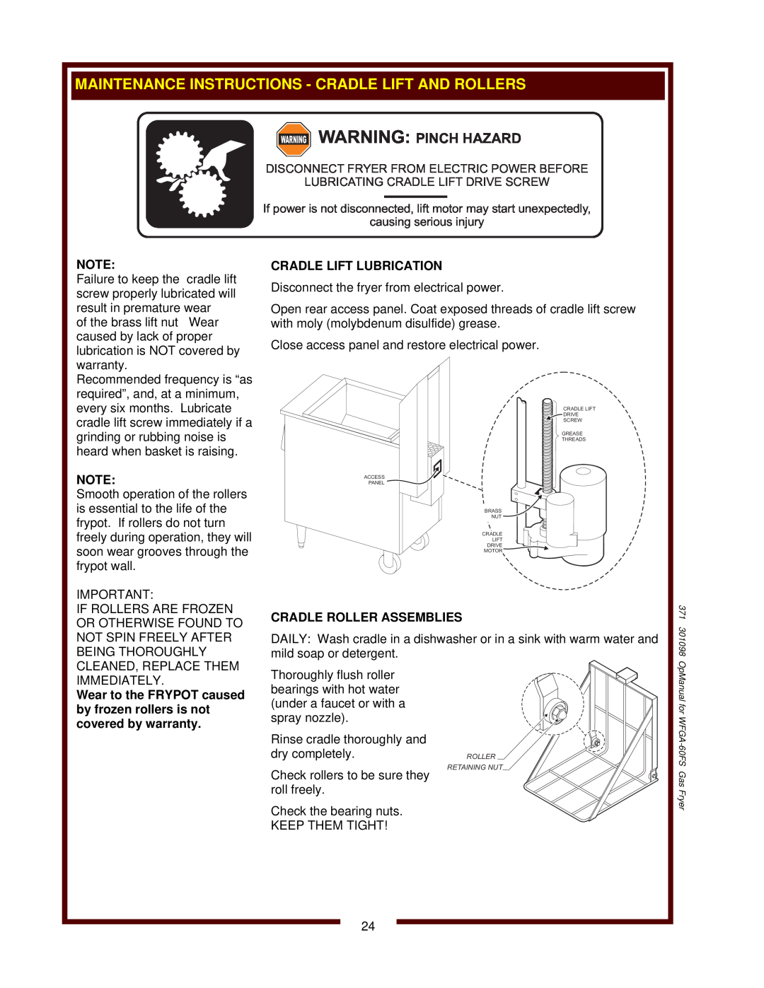 Wells WFGA-60FS Maintenance Instructions - Cradle Lift And Rollers, Warning Warning Pinch Hazard, causing serious injury 