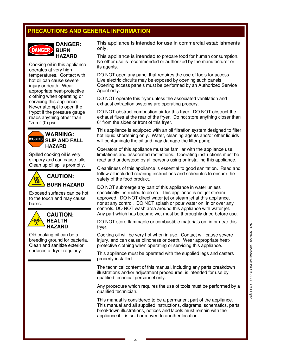 Wells operation manual 371 301098 OpManual for WFGA-60FS Gas Fryer 