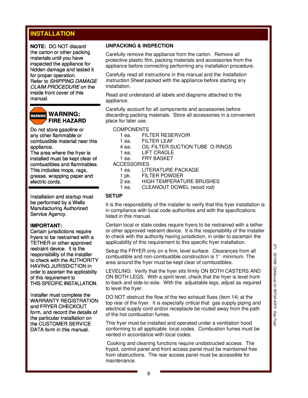 Wells operation manual 371 301098 OpManual for WFGA-60FS Gas Fryer 