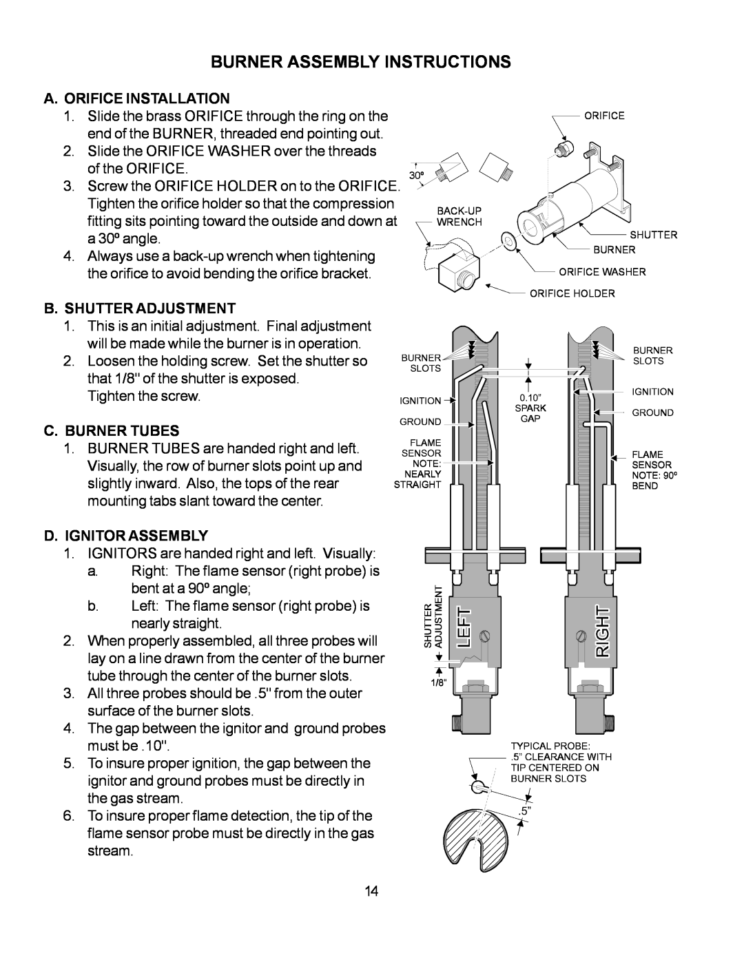 Wells WFGA-60FS Burner Assembly Instructions, A. Orifice Installation, B. Shutter Adjustment, C. Burner Tubes 