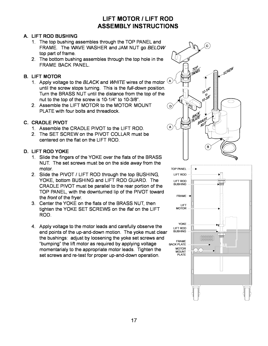 Wells WFGA-60FS Lift Motor / Lift Rod Assembly Instructions, A. Lift Rod Bushing, B. Lift Motor, C. Cradle Pivot 