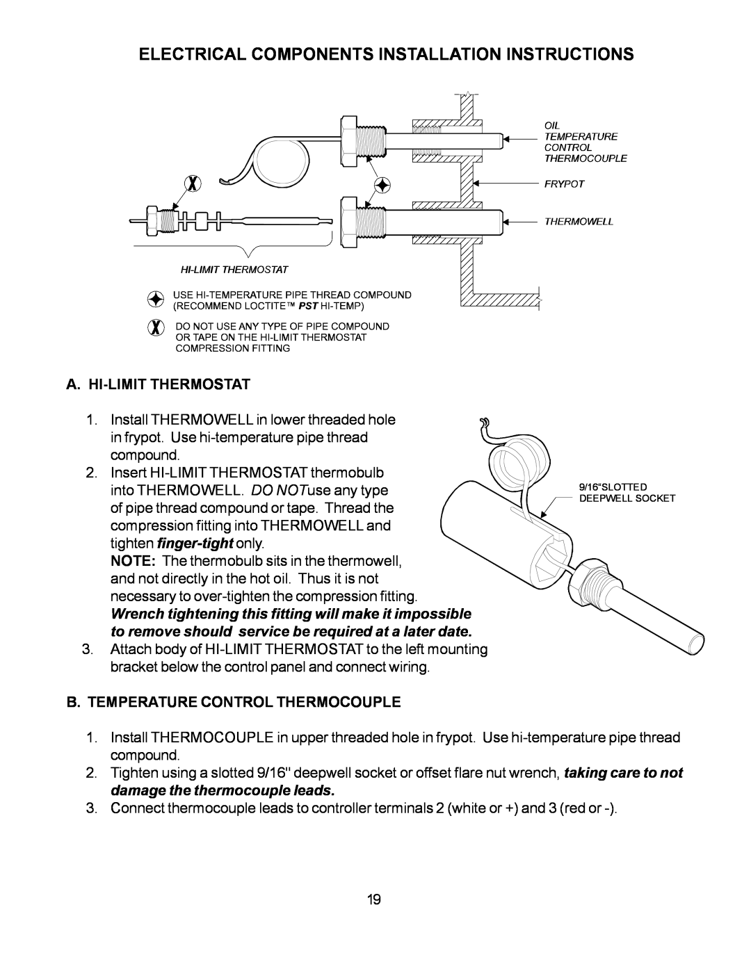 Wells WFGA-60FS service manual Electrical Components Installation Instructions, A. Hi-Limit Thermostat 
