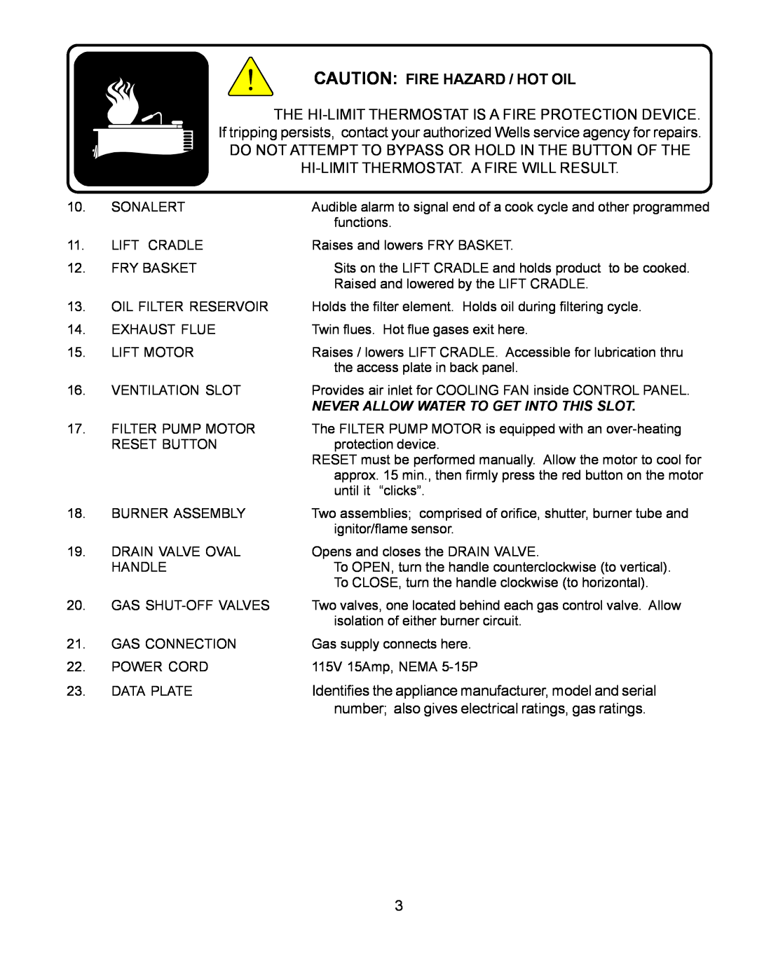 Wells WFGA-60FS service manual Caution Fire Hazard / Hot Oil, Do Not Attempt To Bypass Or Hold In The Button Of The 