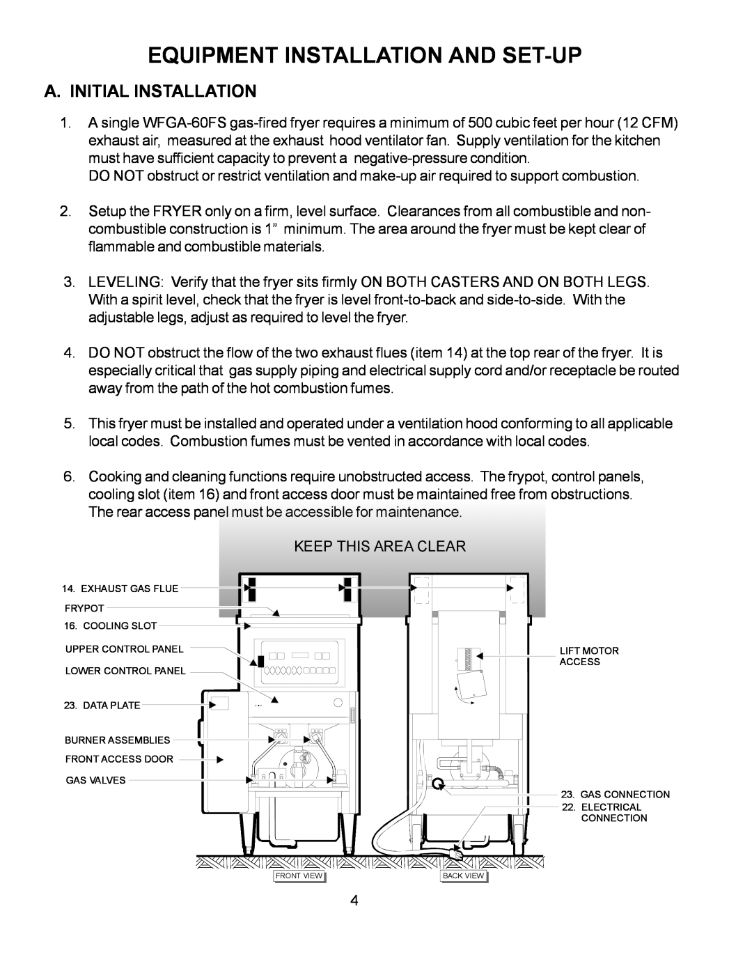 Wells WFGA-60FS service manual Equipment Installation And Set-Up, A. Initial Installation 