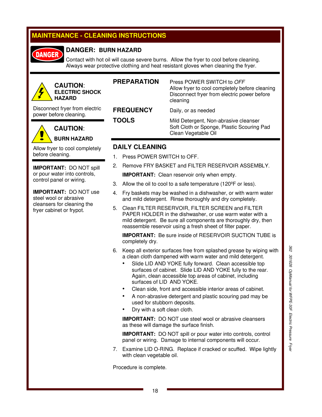 Wells WFPE-30F operation manual Electric Shock Hazard, Burn Hazard 