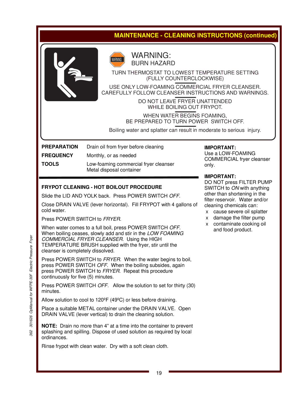 Wells WFPE-30F operation manual Frypot Cleaning HOT Boilout Procedure 