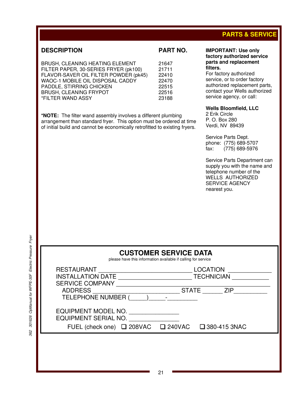 Wells WFPE-30F operation manual Wells Bloomfield, LLC 