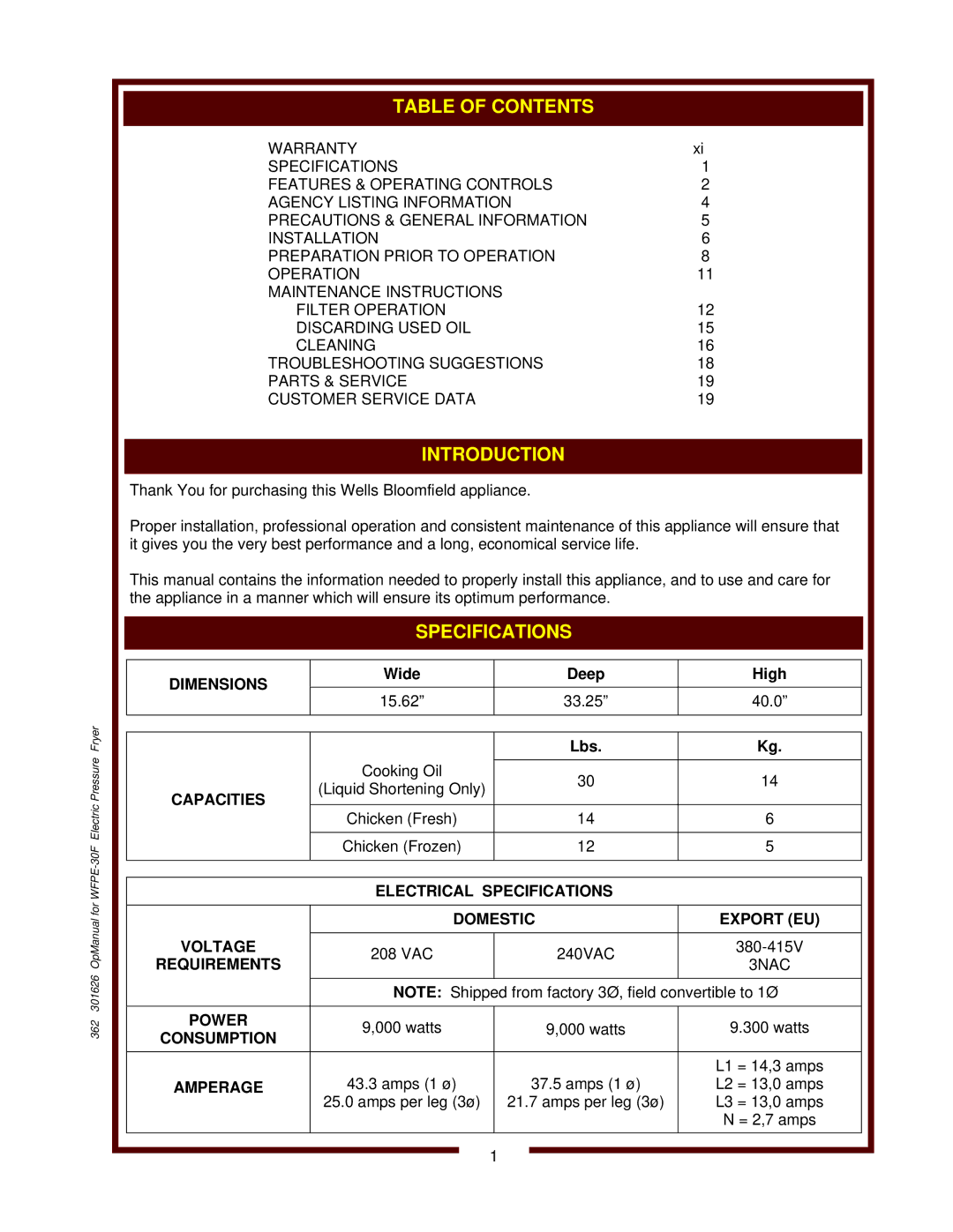 Wells WFPE-30F Dimensions, Capacities, Electrical Specifications Domestic Export EU Voltage, Requirements, Power, Amperage 