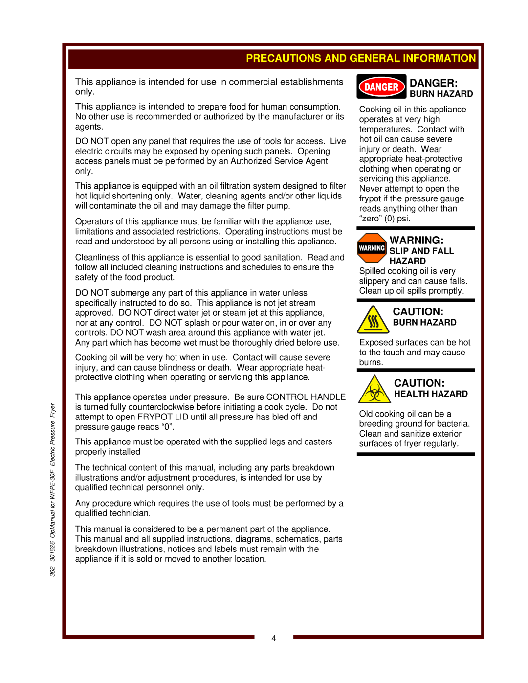 Wells operation manual 362 301626 OpManual for WFPE-30F Electric Pressure Fryer 