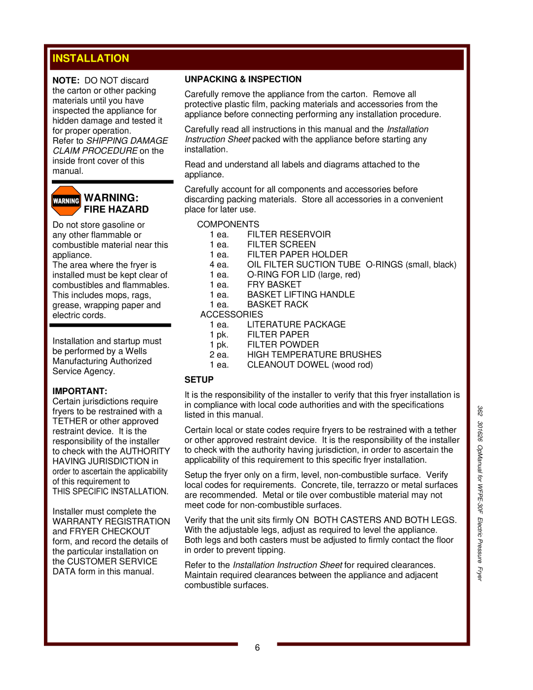 Wells operation manual 362 301626 OpManual for WFPE-30F Electric Pressure Fryer 