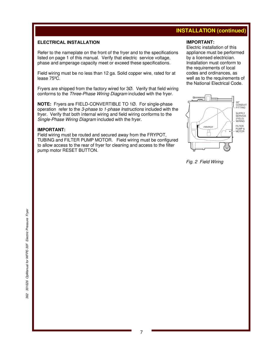 Wells WFPE-30F operation manual Field Wiring 