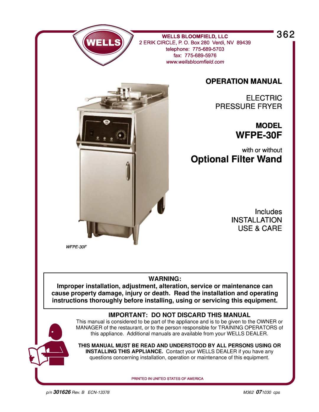 Wells WFPE-30F operation manual Important Do Not Discard This Manual, Wells Bloomfield, Llc, Optional Filter Wand, Model 