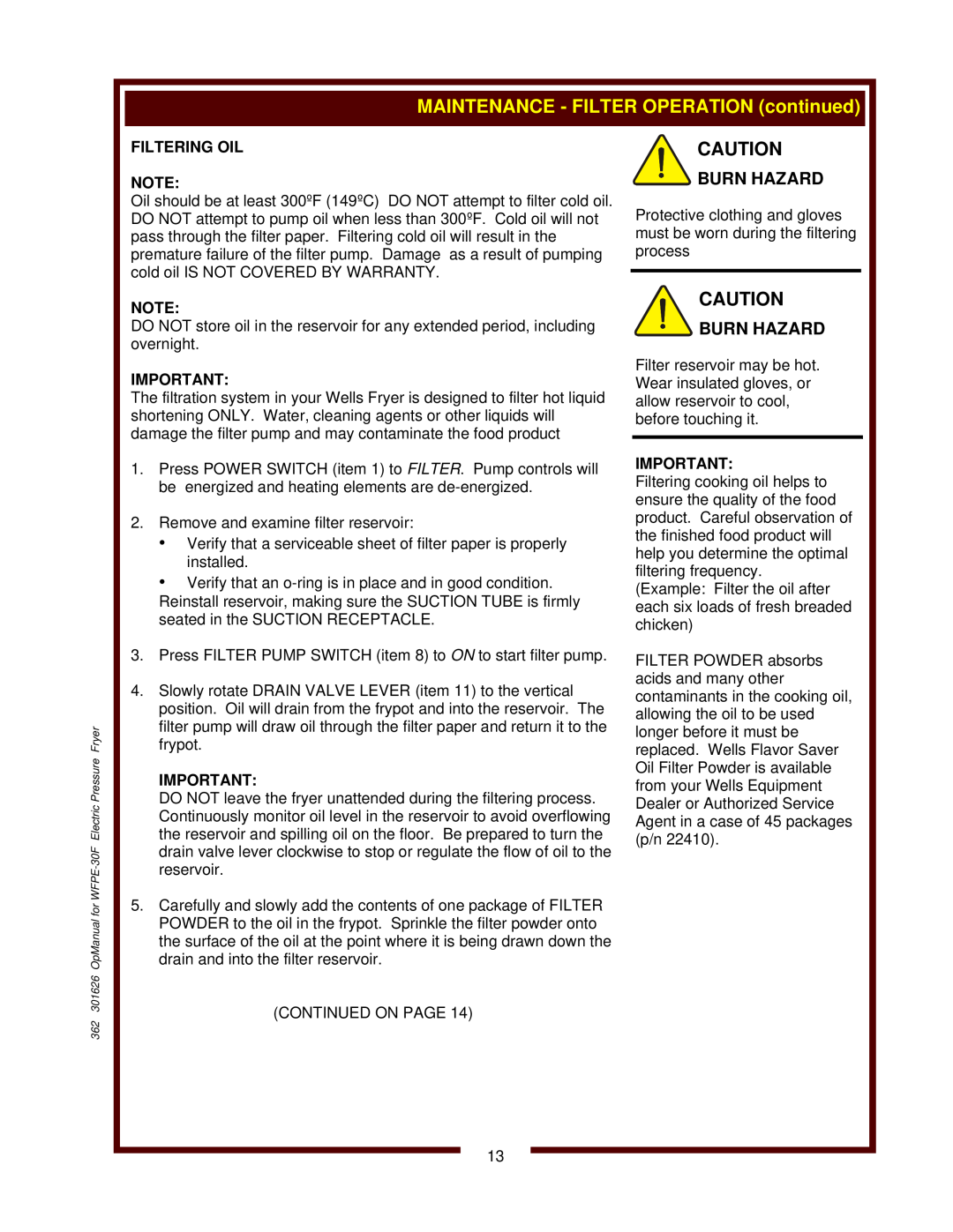 Wells WFPE-30F operation manual Burn Hazard, Filtering Oil 