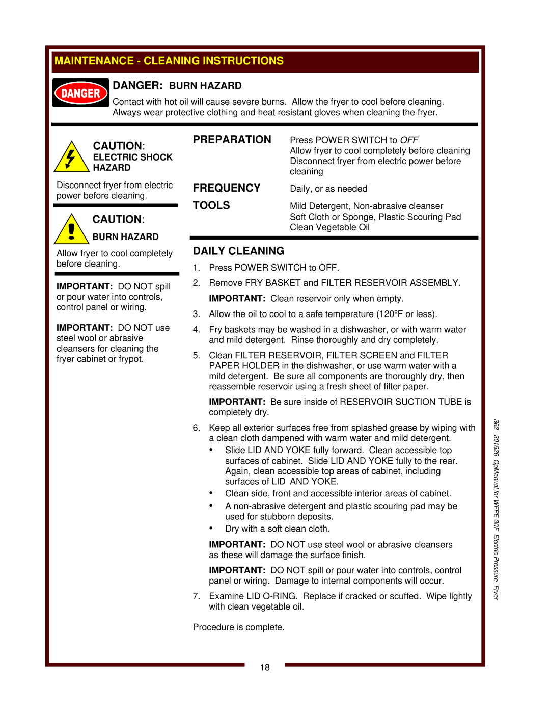 Wells WFPE-30F Maintenance - Cleaning Instructions, Preparation, Frequency, Tools, Daily Cleaning, Danger Burn Hazard 