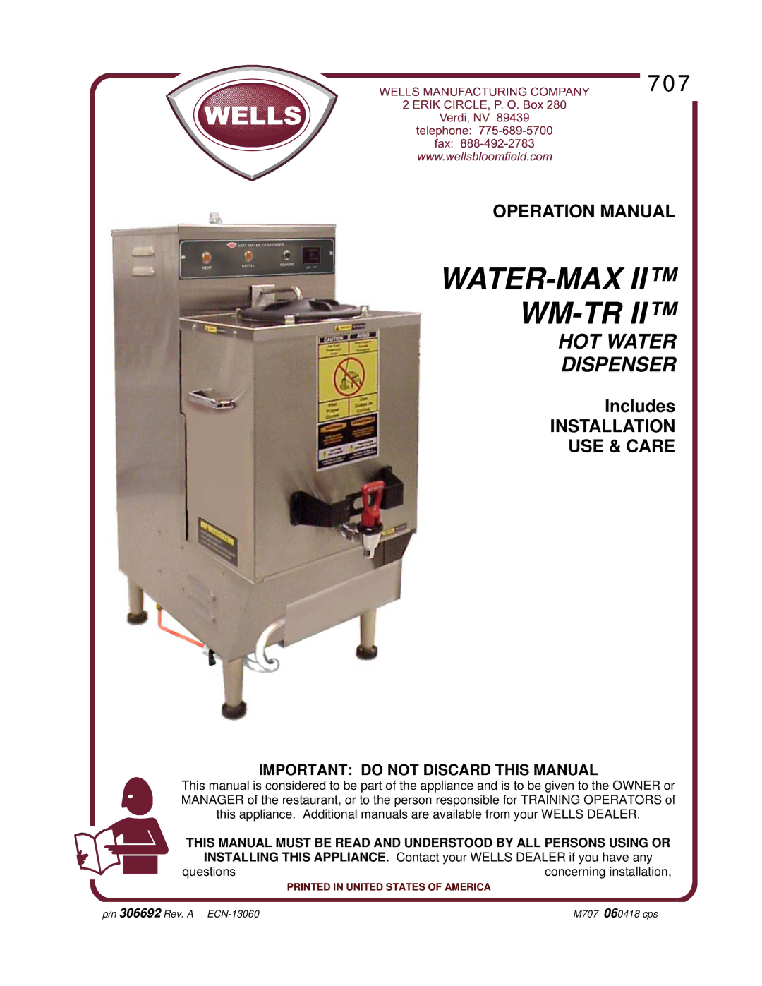 Wells WM-TR II operation manual Water-Max Wm-Tr, Important do not Discard this Manual 