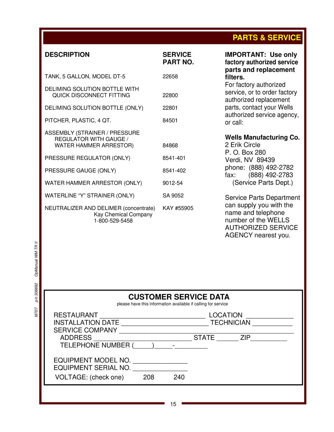 Wells WM-TR II operation manual M707 p/n 306692 OpManual WM-TR 