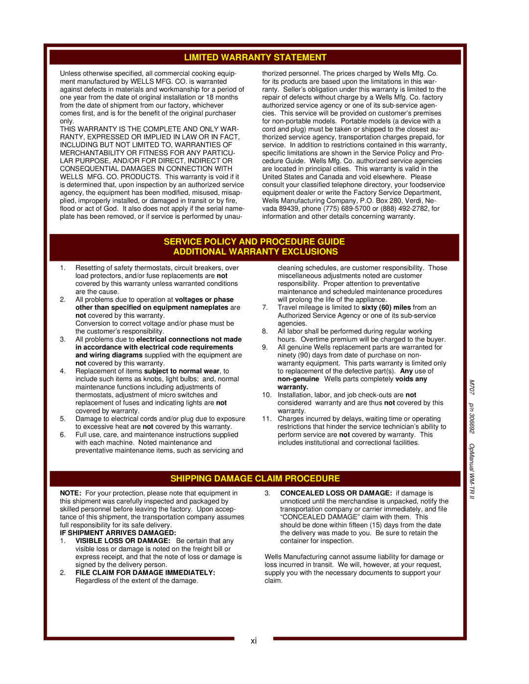 Wells WM-TR II operation manual M707 p/n 306692 OpManual WM-TR 