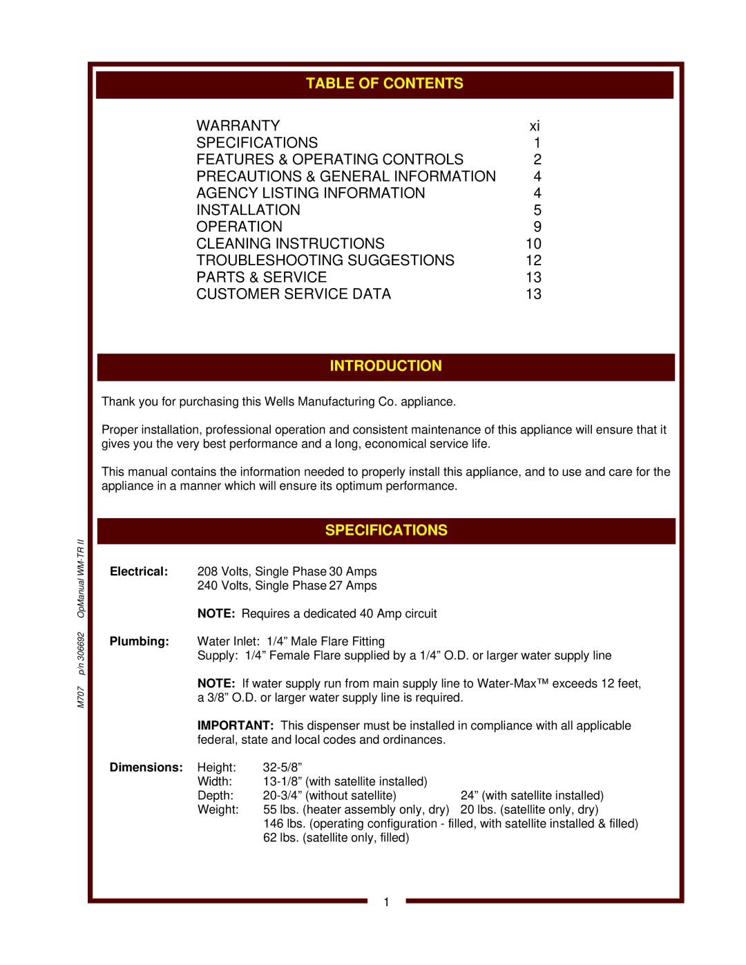 Wells WM-TR II operation manual Introduction 