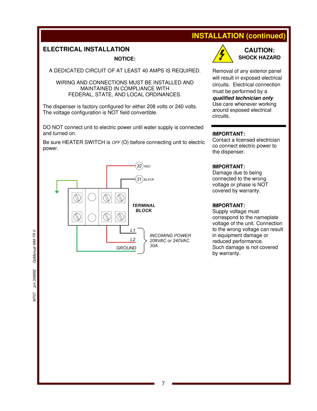 Wells WM-TR II operation manual Electrical Installation, Shock Hazard 