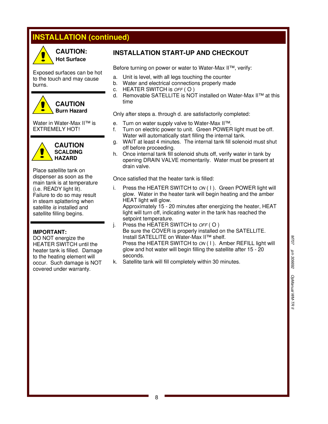 Wells WM-TR II operation manual INSTALLATION continued, M707 p/n 306692 OpManual WM-TR 