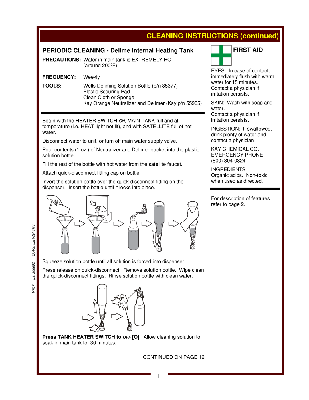 Wells WM-TR II operation manual CLEANING INSTRUCTIONS continued, First Aid 