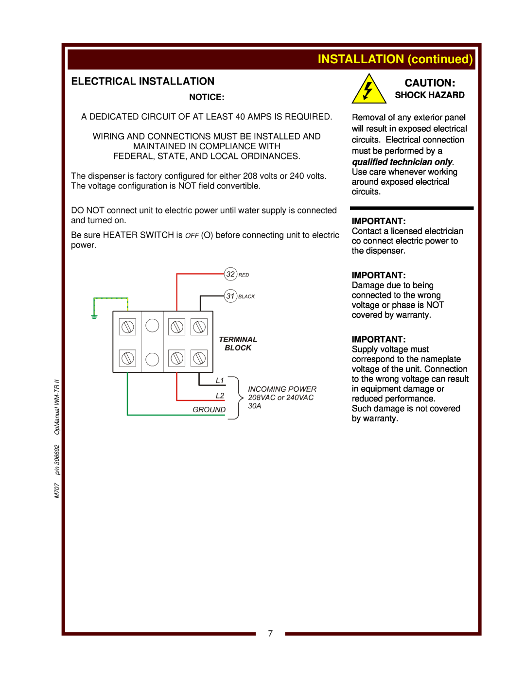 Wells WM-TR II operation manual Electrical Installation, Shock Hazard, INSTALLATION continued 