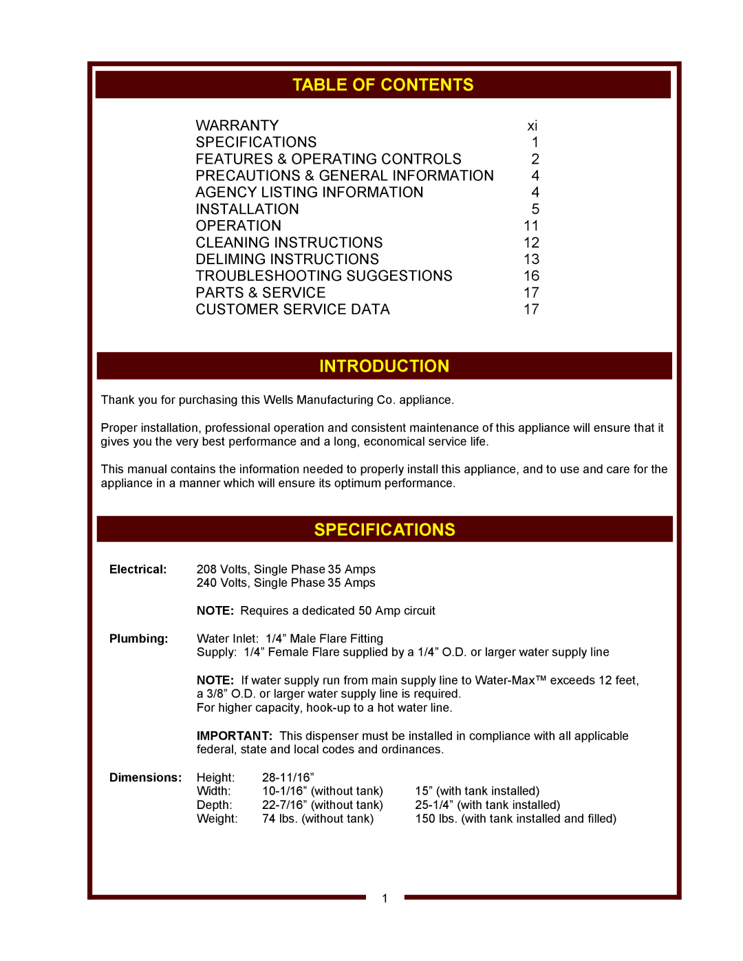 Wells WM-TR operation manual Table of Contents, Introduction, Specifications 