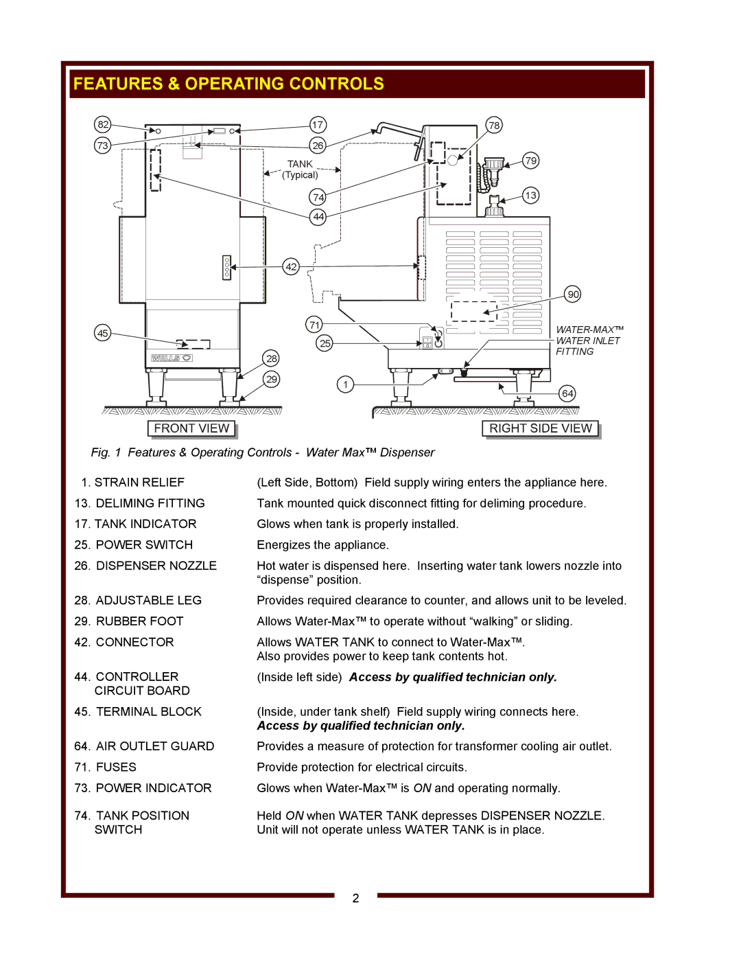 Wells WM-TR operation manual Features & Operating Controls, Access by qualified technician only 