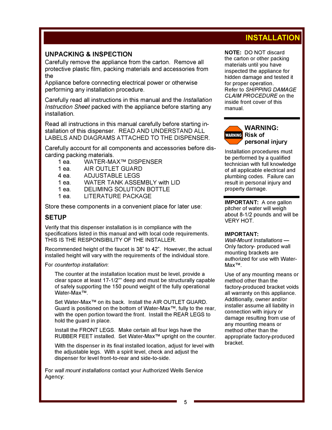 Wells WM-TR operation manual Installation, Unpacking & Inspection, Setup 