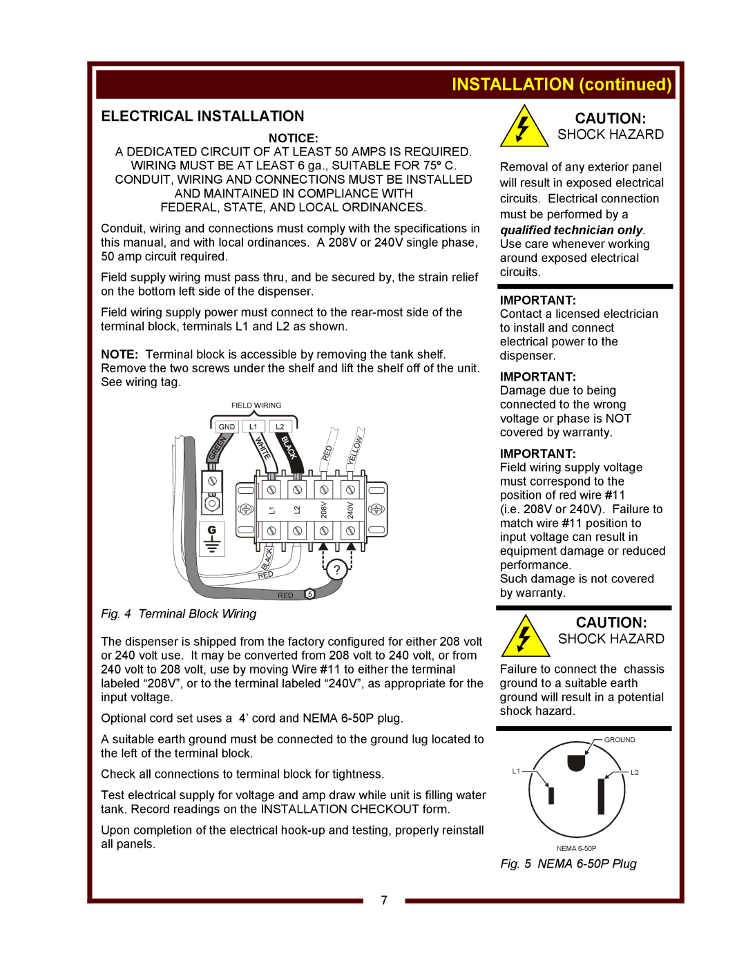 Wells WM-TR operation manual Electrical Installation, Shock Hazard 