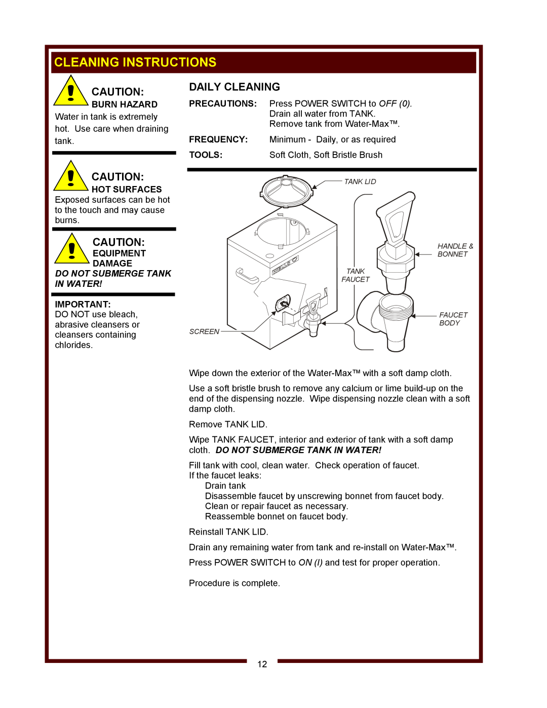 Wells WM-TR Cleaning Instructions, Daily Cleaning, Burn Hazard, Equipment Damage, Do Not Submerge Tank In Water 