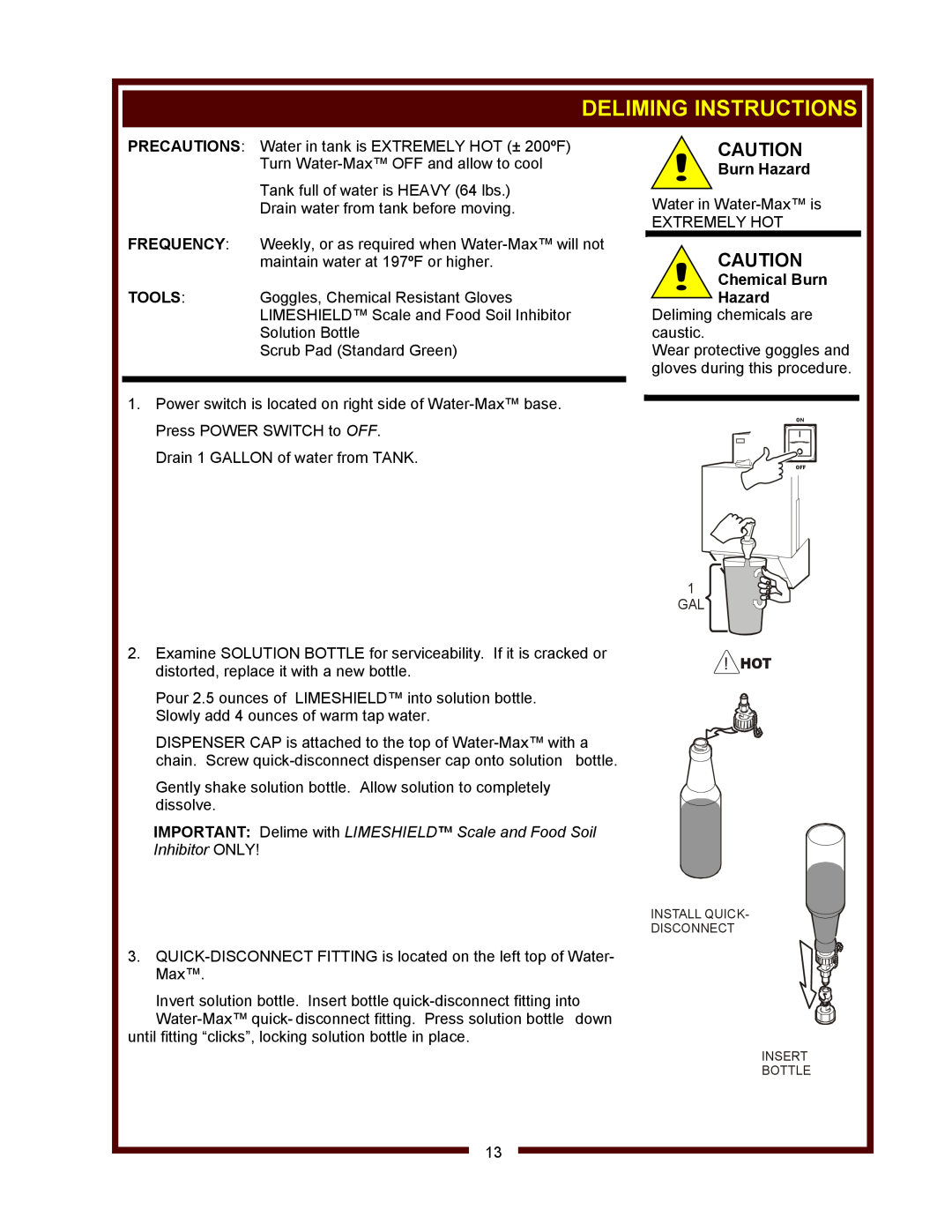 Wells WM-TR Deliming Instructions, IMPORTANT Delime with LIMESHIELD Scale and Food Soil Inhibitor ONLY, Burn Hazard 
