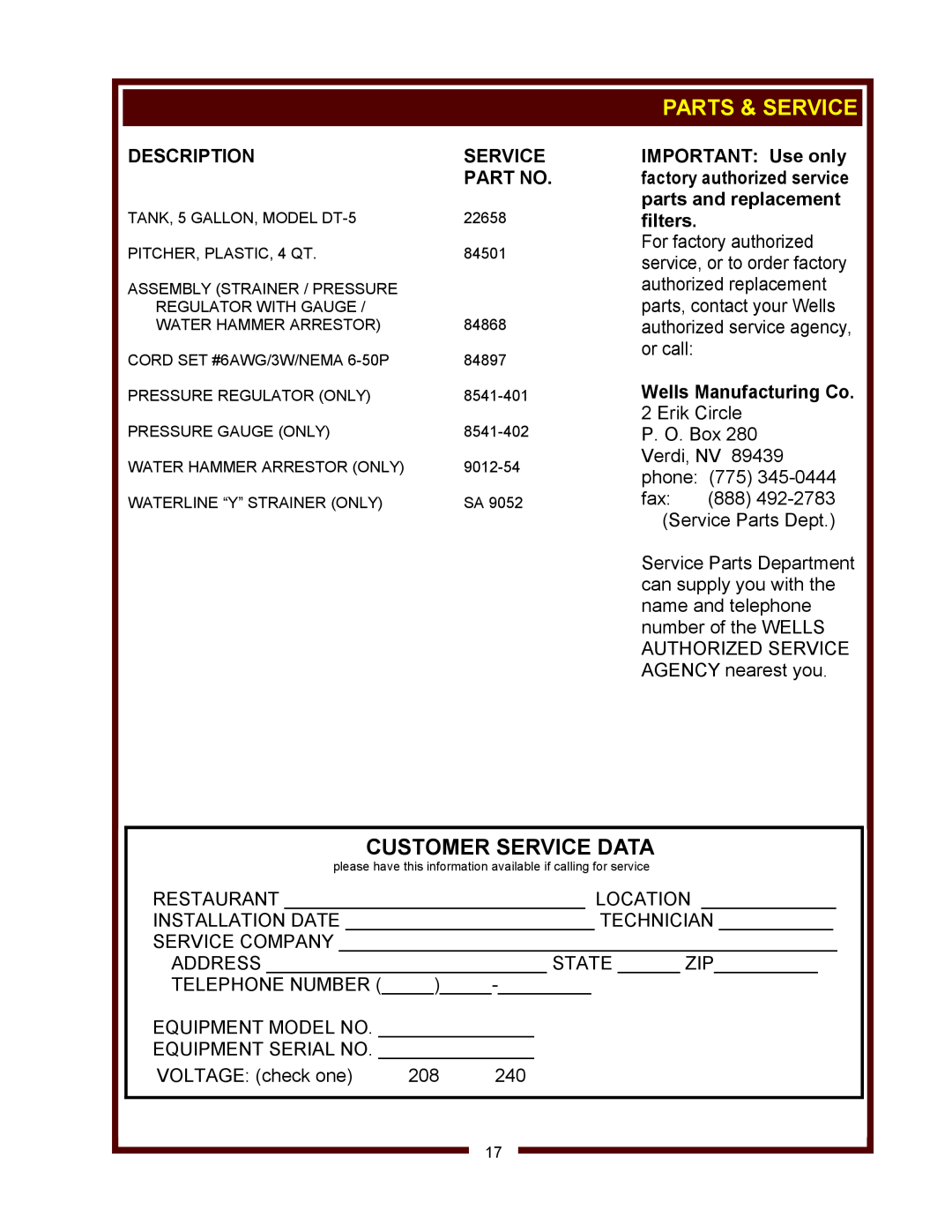 Wells WM-TR operation manual Parts & Service, Customer Service Data, Description, Wells Manufacturing Co 